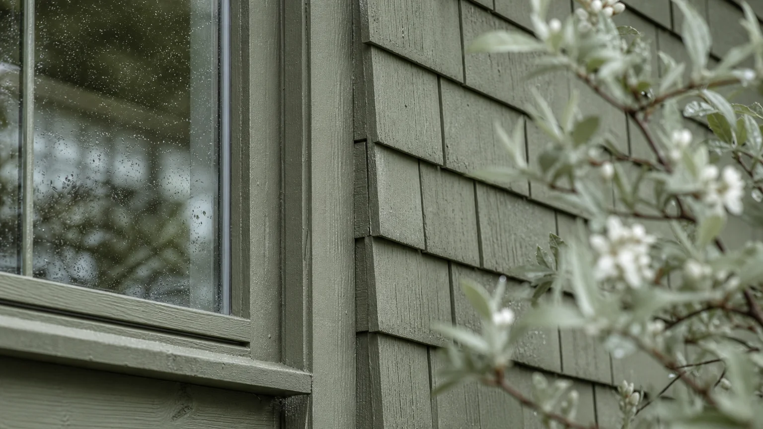 Close-up of sage green cedar shingles on a house next to soft green garden foliage.