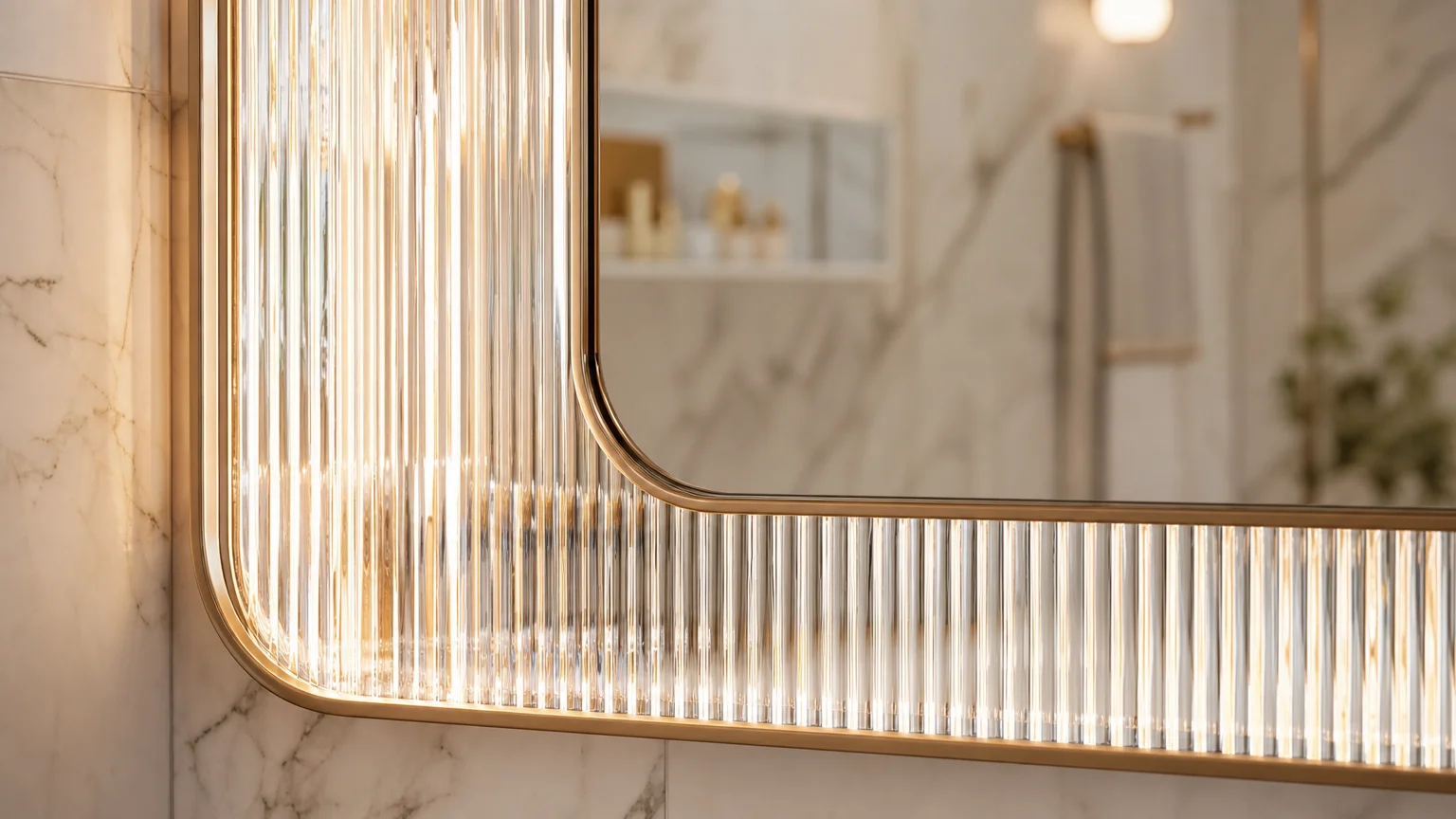 Close-up photo of a vanity mirror with a decorative fluted glass border that beautifully refracts glowing light.