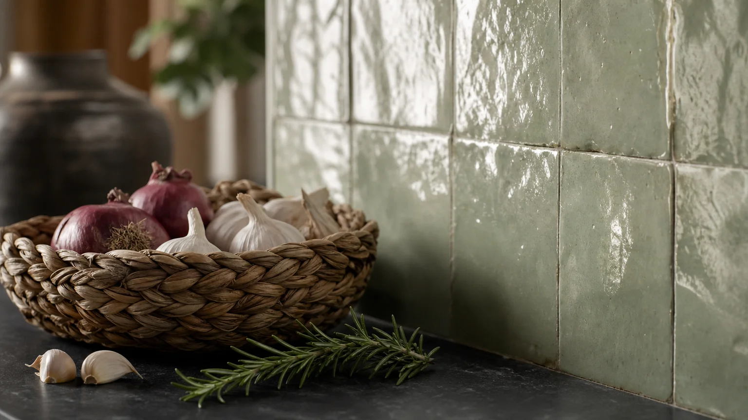 Close-up photo of textured sage green zellige tiles, a dark soapstone countertop, and a woven hyacinth basket.