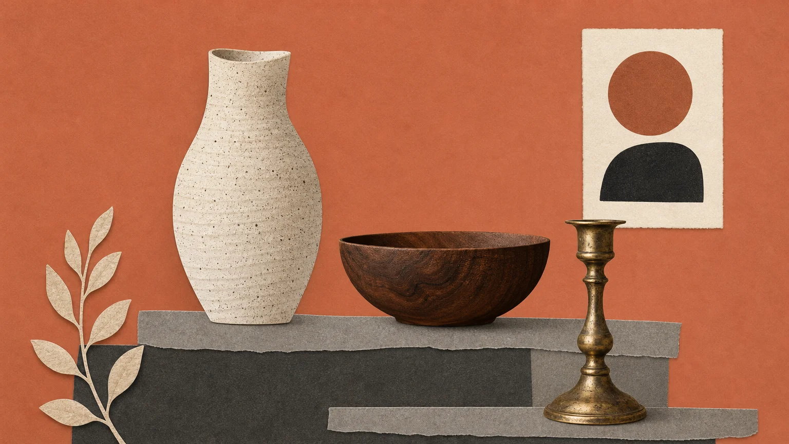 Collage of artisanal object silhouettes, including a ceramic vase and wooden bowl, in a minimalist arrangement.