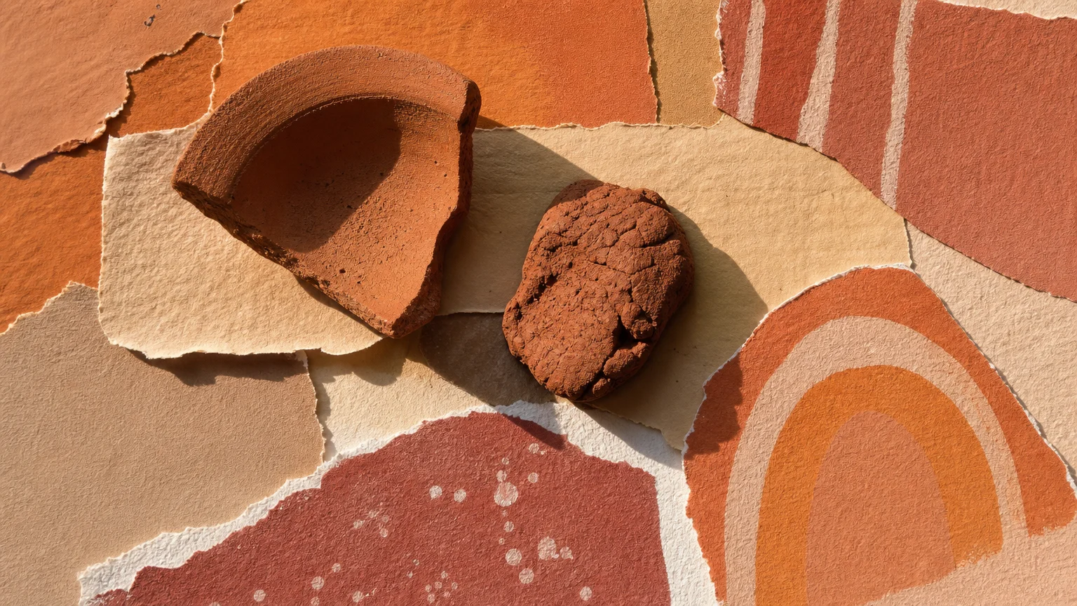 Collage of torn watercolor papers in terracotta and clay shades with cast shadows under natural light.