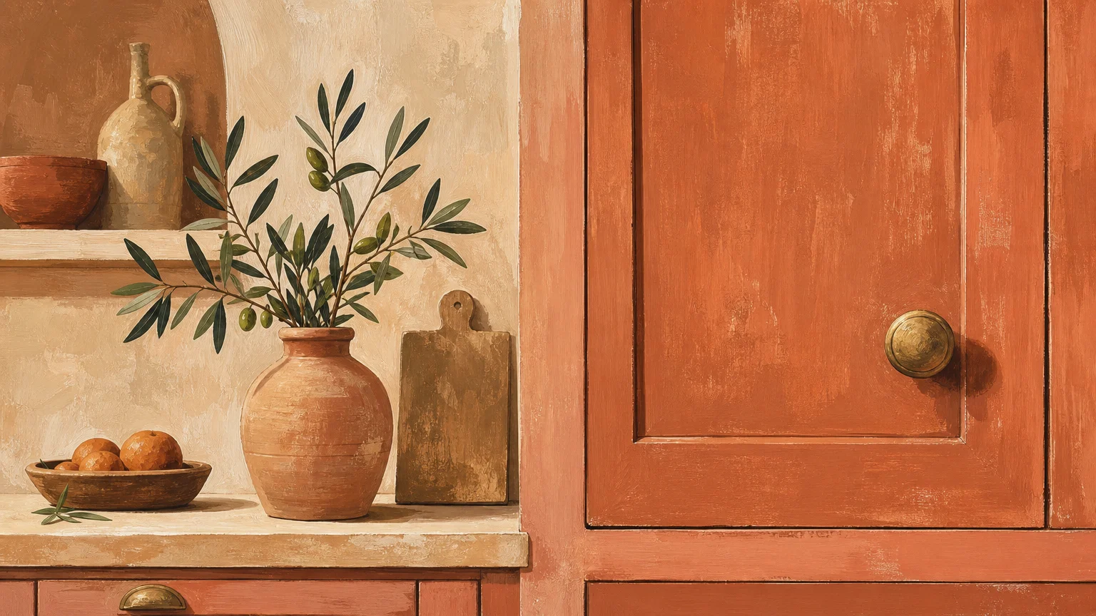 Gouache illustration of a dusty terracotta kitchen cabinet door with a brass knob and a clay vase of olive branches.