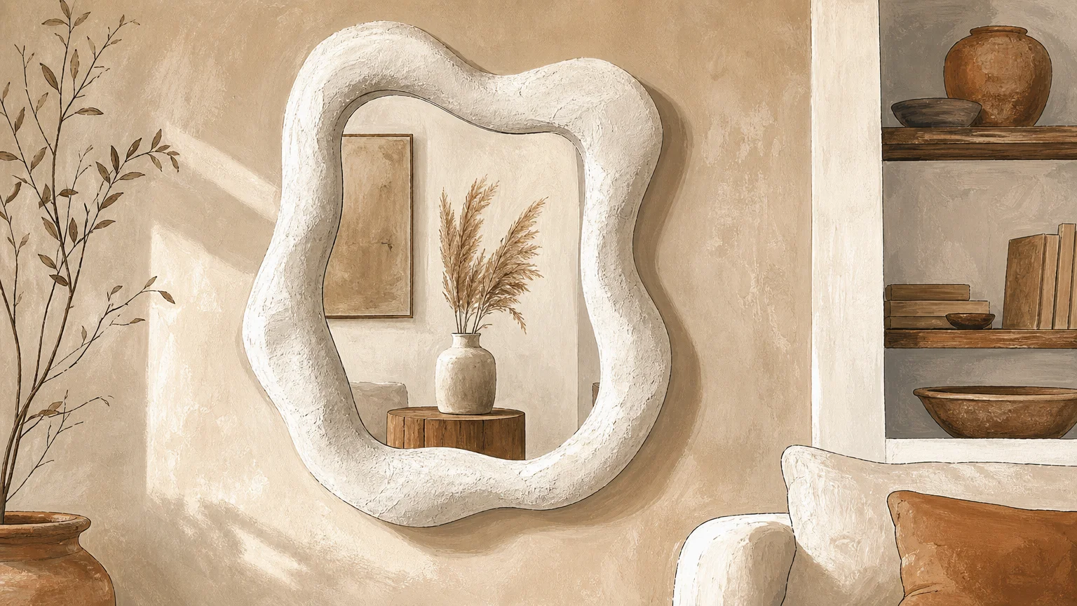 Gouache illustration of a mirror in a thick, sculpted white plaster frame on a neutral sand-colored wall.