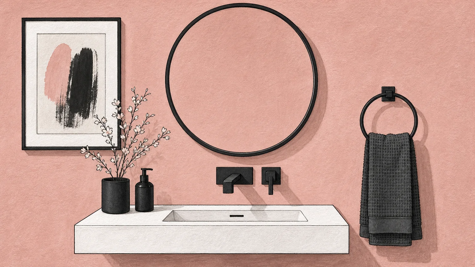 Gouache illustration of a soft blush pink bathroom wall with minimalist matte black fixtures and a round mirror.