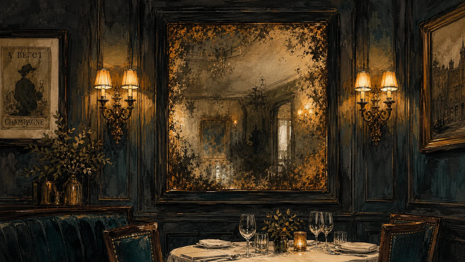 Gouache illustration of an antiqued mirror with foxed, distressed glass set in dark wood paneling, flanked by glowing brass sconces.