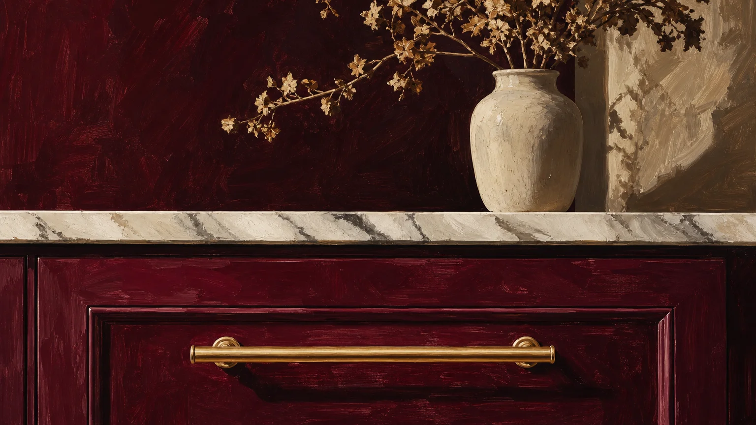 Gouache illustration of deep burgundy cabinets with a brass pull bar, white marble countertop, and a simple ceramic vase.