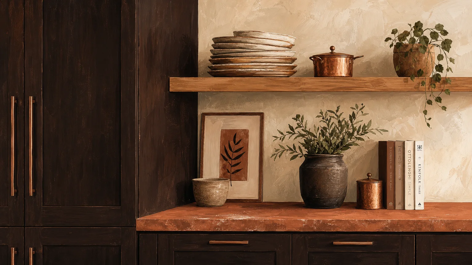Gouache illustration of deep chocolate brown cabinets with open oak shelving, handmade ceramics, and a copper pot.
