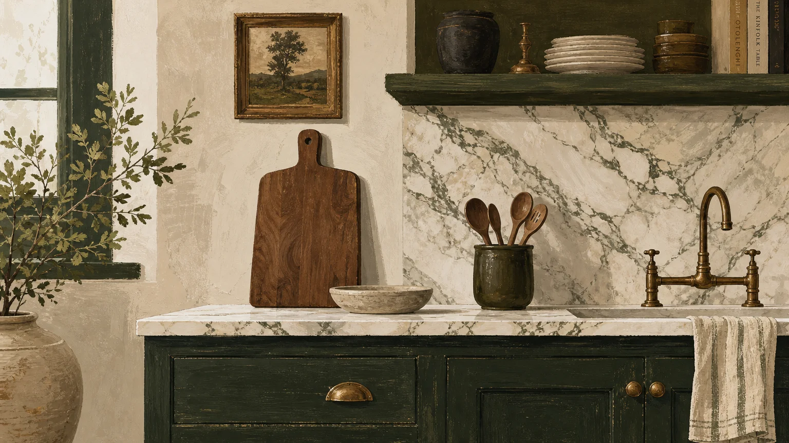 Gouache illustration of deep forest green kitchen cabinets beneath a veined marble backsplash with a wooden cutting board.