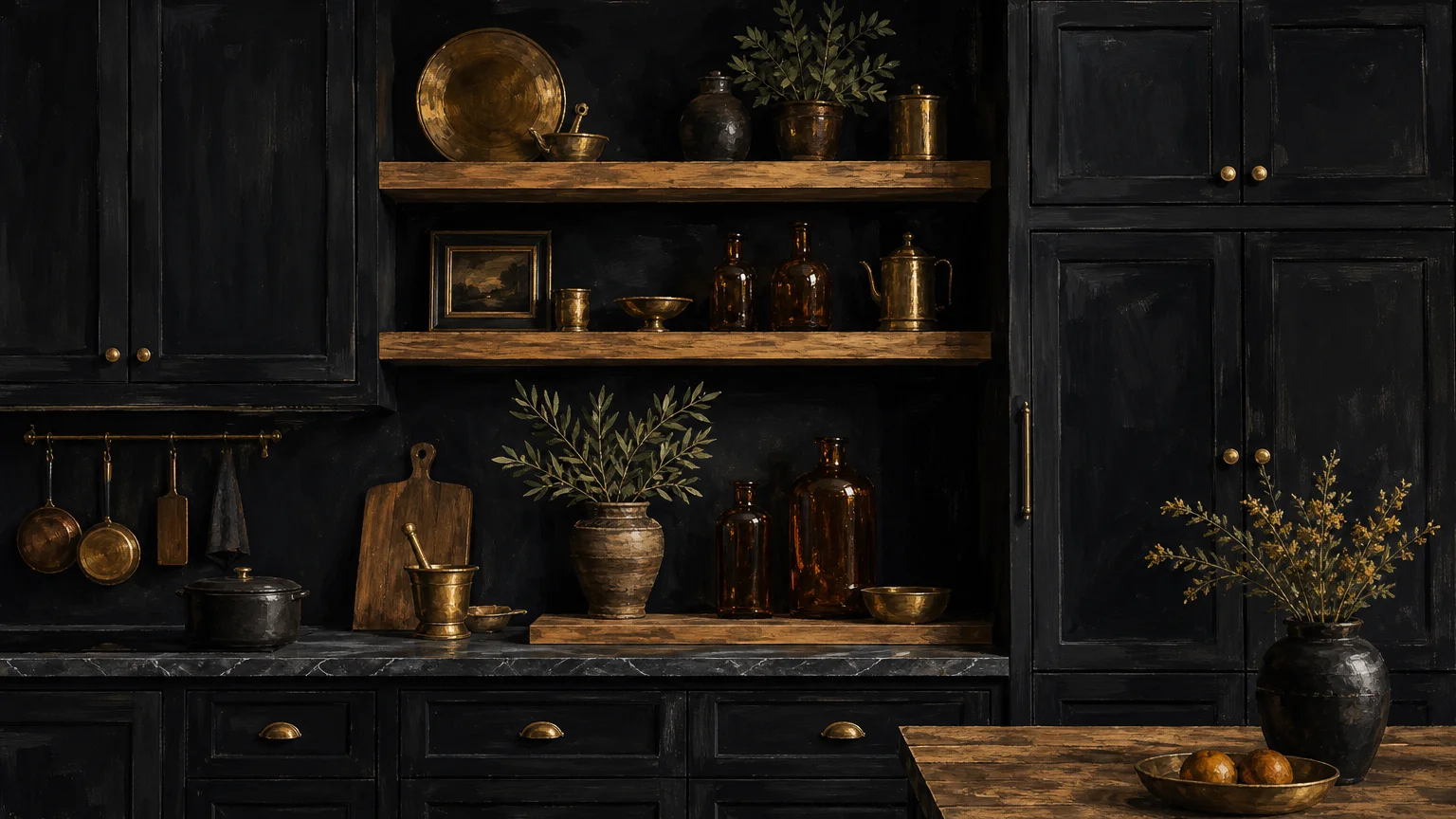 Gouache illustration of dramatic midnight black cabinets accented by warm oak shelves and glowing brass vessels.