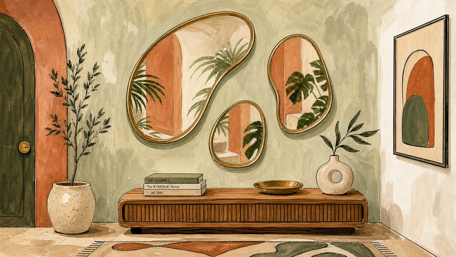 Gouache illustration of three organic, puddle-shaped mirrors arranged in a cluster on a warm terracotta wall.