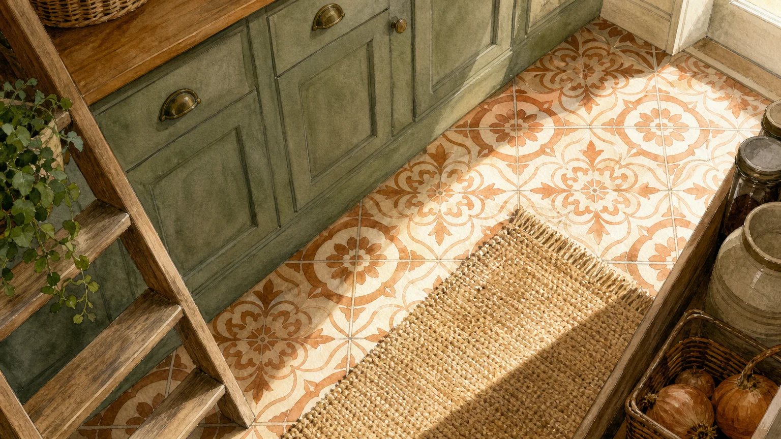 High-angle illustration of encaustic patterned floor tiles in terracotta and cream, paired with a textured jute rug.