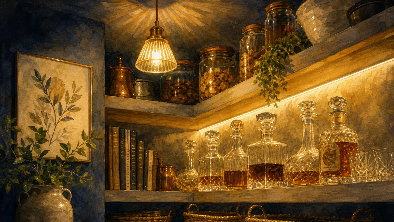 Illustration of a cozy pantry illuminated by warm under-shelf LED lighting and a decorative brass pendant light.