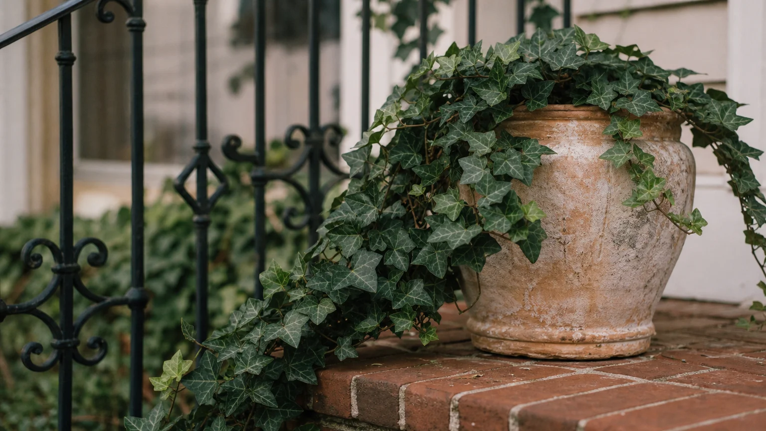 Lush English Ivy cascades over a weathered terracotta pot on a brick porch step.