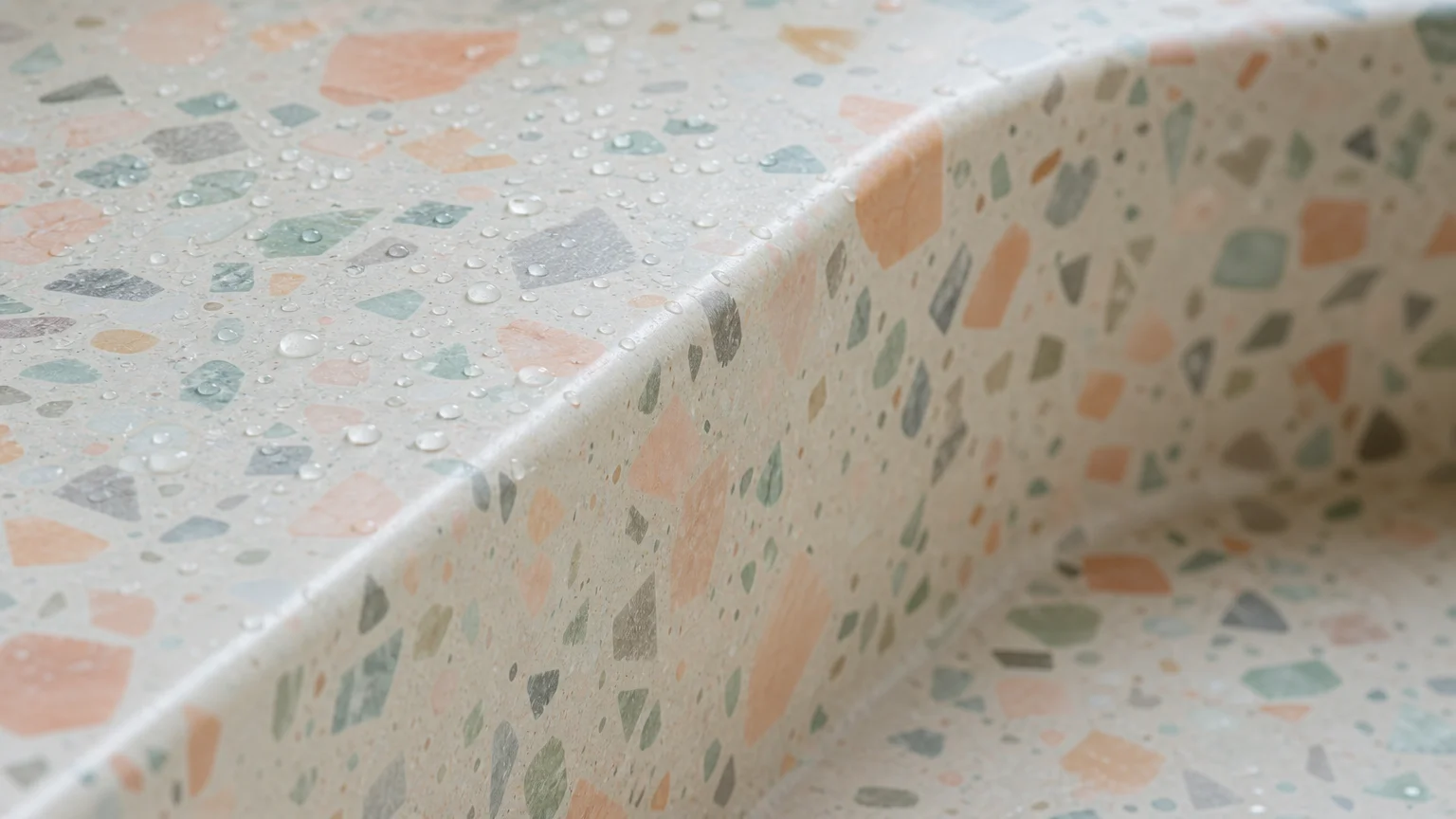 Macro close-up of a colorful terrazzo sink basin showing chips of marble and glass embedded in cement.