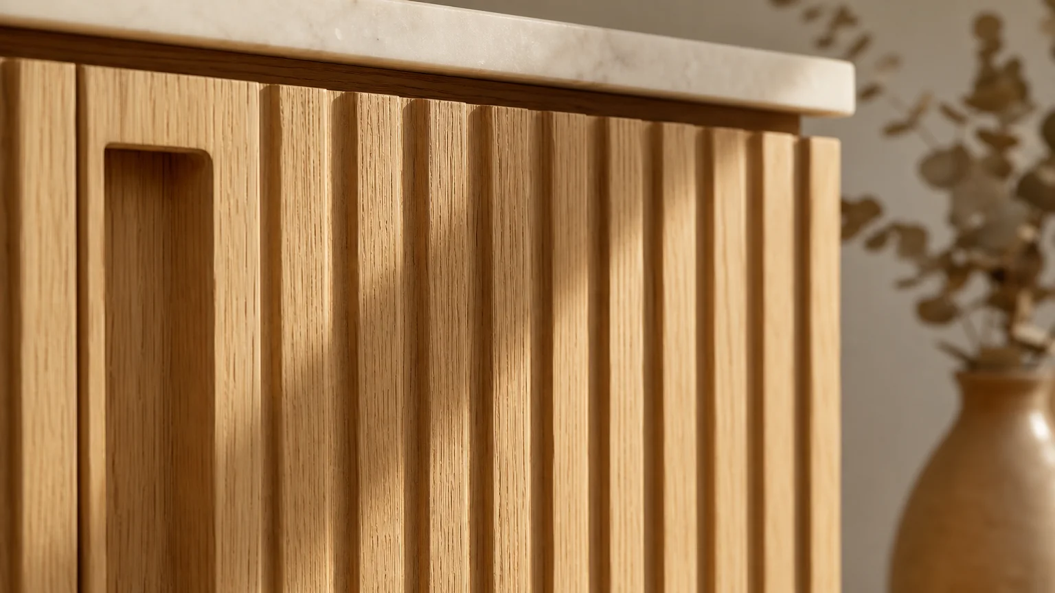 Macro detail of fluted white oak wood on a bathroom vanity cabinet.