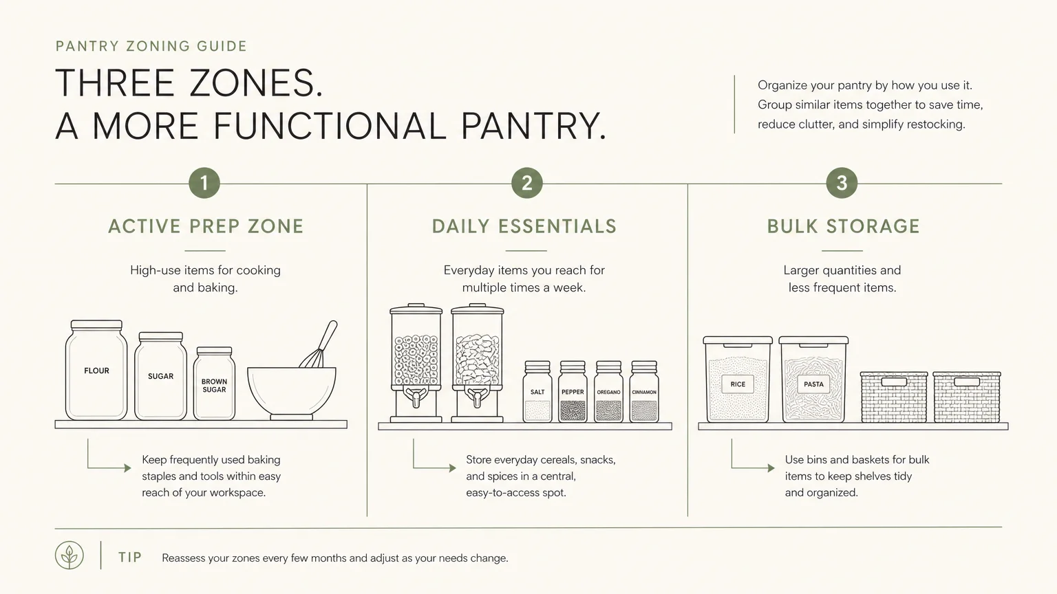 Minimalist diagram mapping out pantry zones: Active Prep Zone, Daily Essentials, and Bulk Storage.