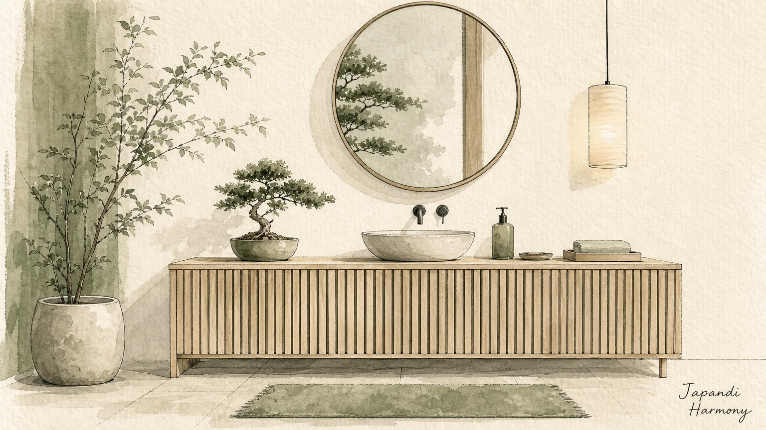 Minimalist ink and watercolor sketch of a light wood slatted vanity in a Japandi style.