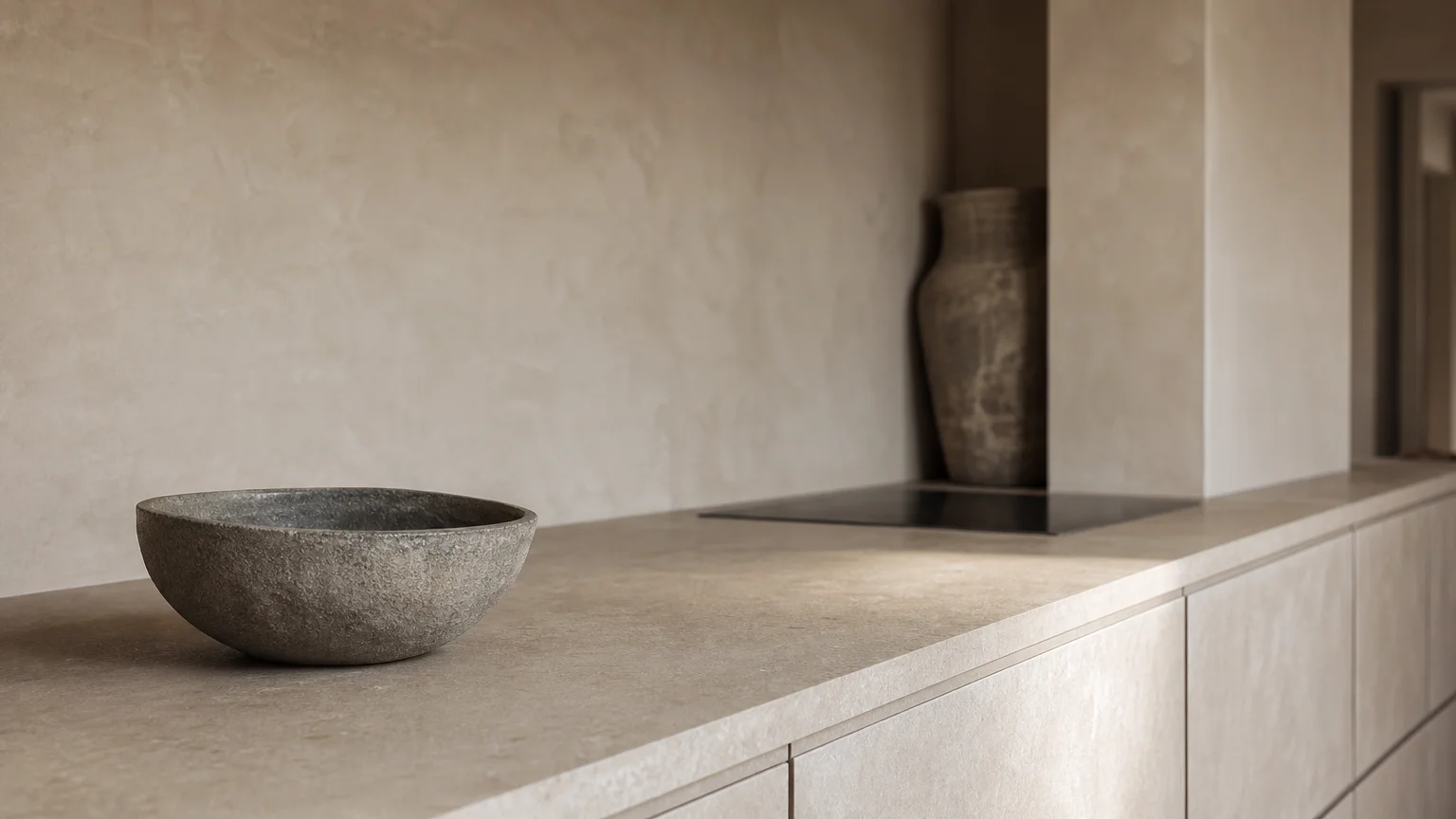 Minimalist wabi-sabi kitchen with chalky putty-colored cabinets and a matching honed limestone countertop.