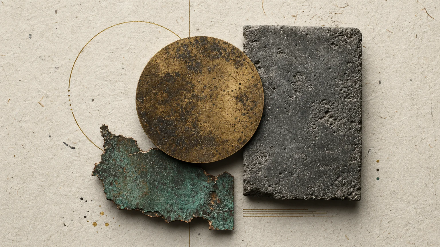 Mixed media art featuring aged brass, weathered stone, and oxidized copper textures on a handmade paper background.