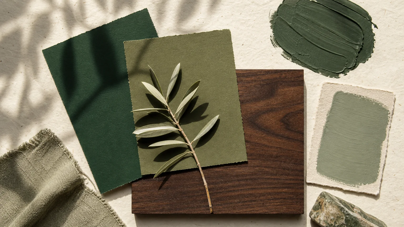 Physical paper collage featuring deep olive and forest green paint swatches alongside a pressed olive branch.