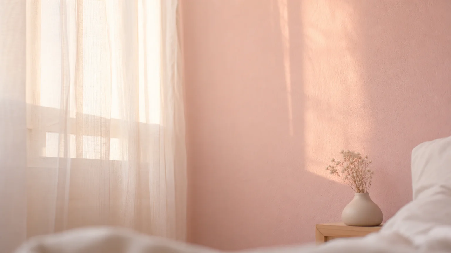 Soft dawn light casting a pale glow onto a plaster pink bedroom wall behind a sheer white cotton curtain.