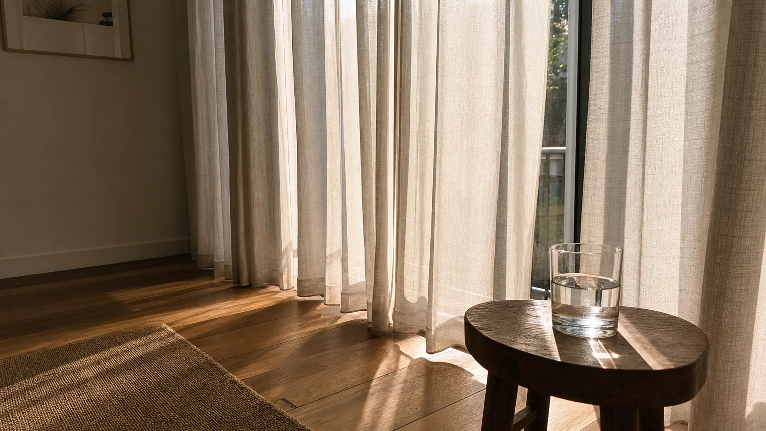 Soft sunlight diffusing through light-colored linen curtains onto a wooden floor in a home.