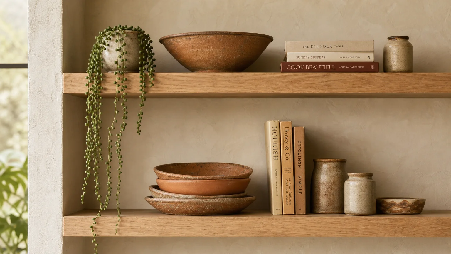 Stylized pantry floating shelves displaying handmade ceramic bowls, vintage cookbooks, and a small green houseplant.