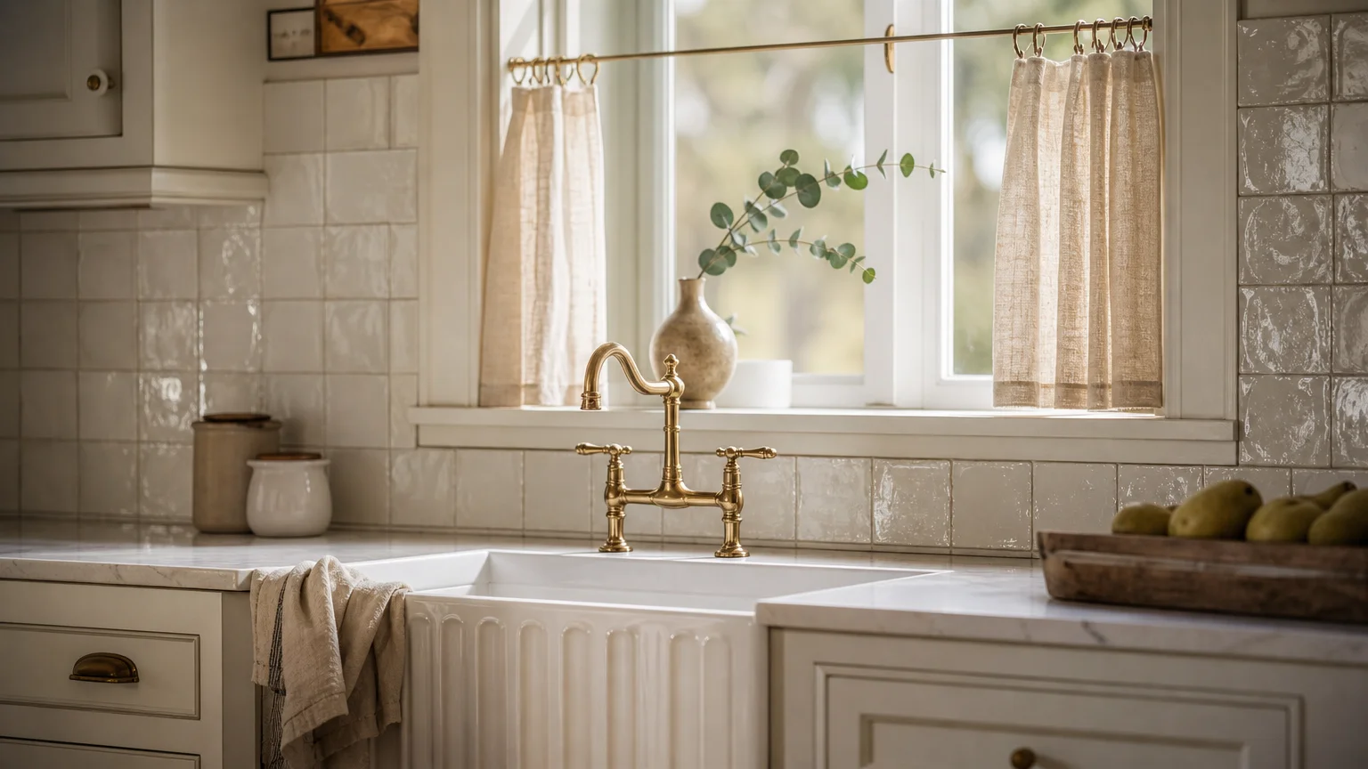 Sunlit kitchen corner with creamy off-white cabinets, a farmhouse sink, and a brass bridge faucet in morning light.