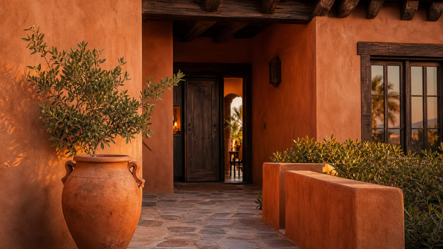 The stucco exterior of a home painted in warm terracotta orange-brown during a glowing sunset.