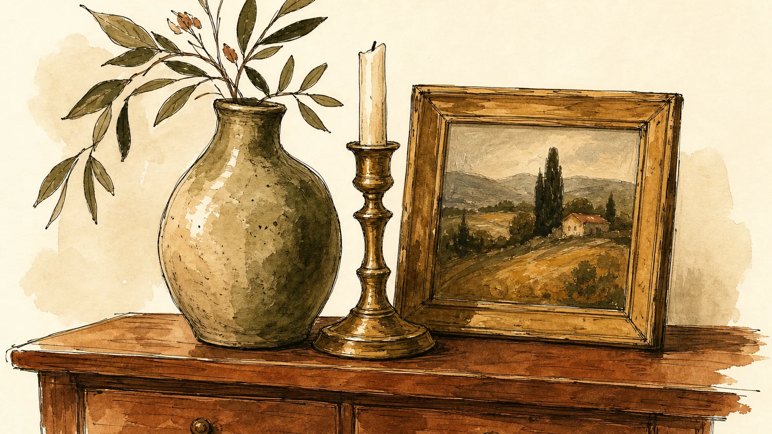 Watercolor illustration of unique artisanal decor including a ceramic vase and vintage brass candlestick.