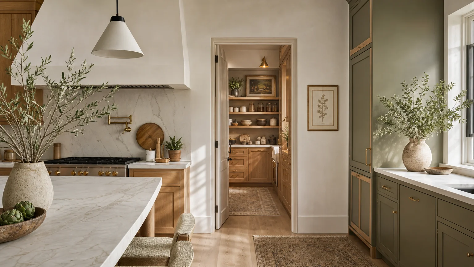 Wide photo showing a kitchen transitioning into an organized, matching walk-in pantry with oak cabinetry.