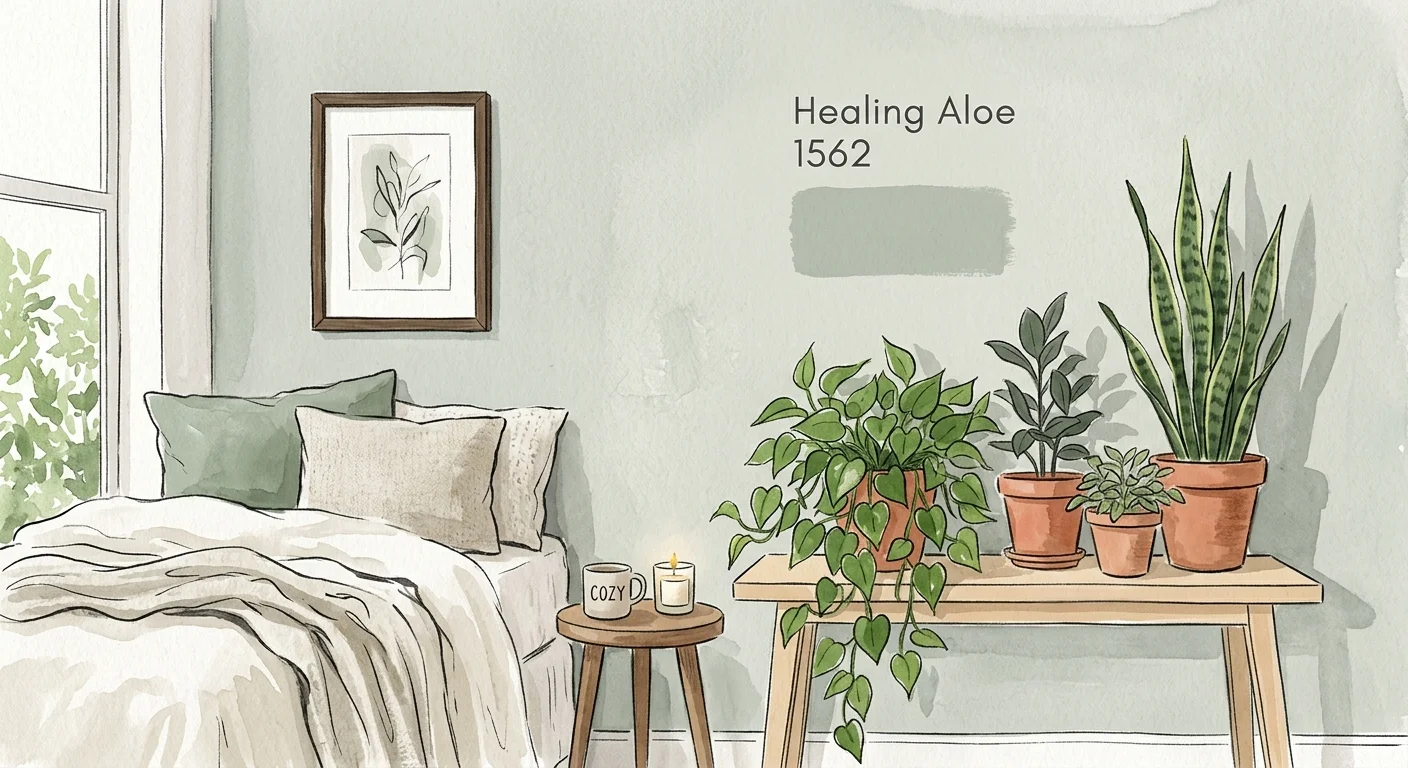 A botanical-themed gouache illustration of a soft sage-green wall labeled Healing Aloe 1562, with potted plants on a wooden bench.