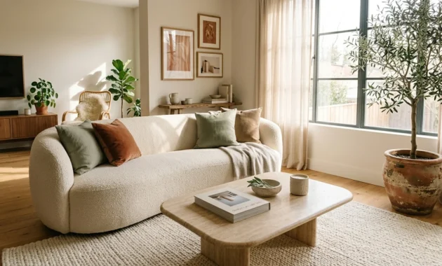 A bright, airy living room featuring a curved cream bouclé sofa, a travertine coffee table, and a large potted olive tree.