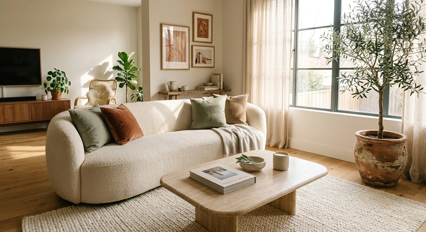 A bright, airy living room featuring a curved cream bouclé sofa, a travertine coffee table, and a large potted olive tree.