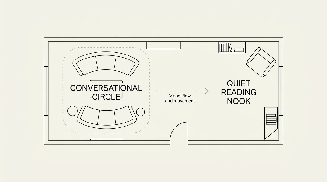 A clean, horizontal diagram illustrating a living room floor plan with labeled conversational and reading zones.