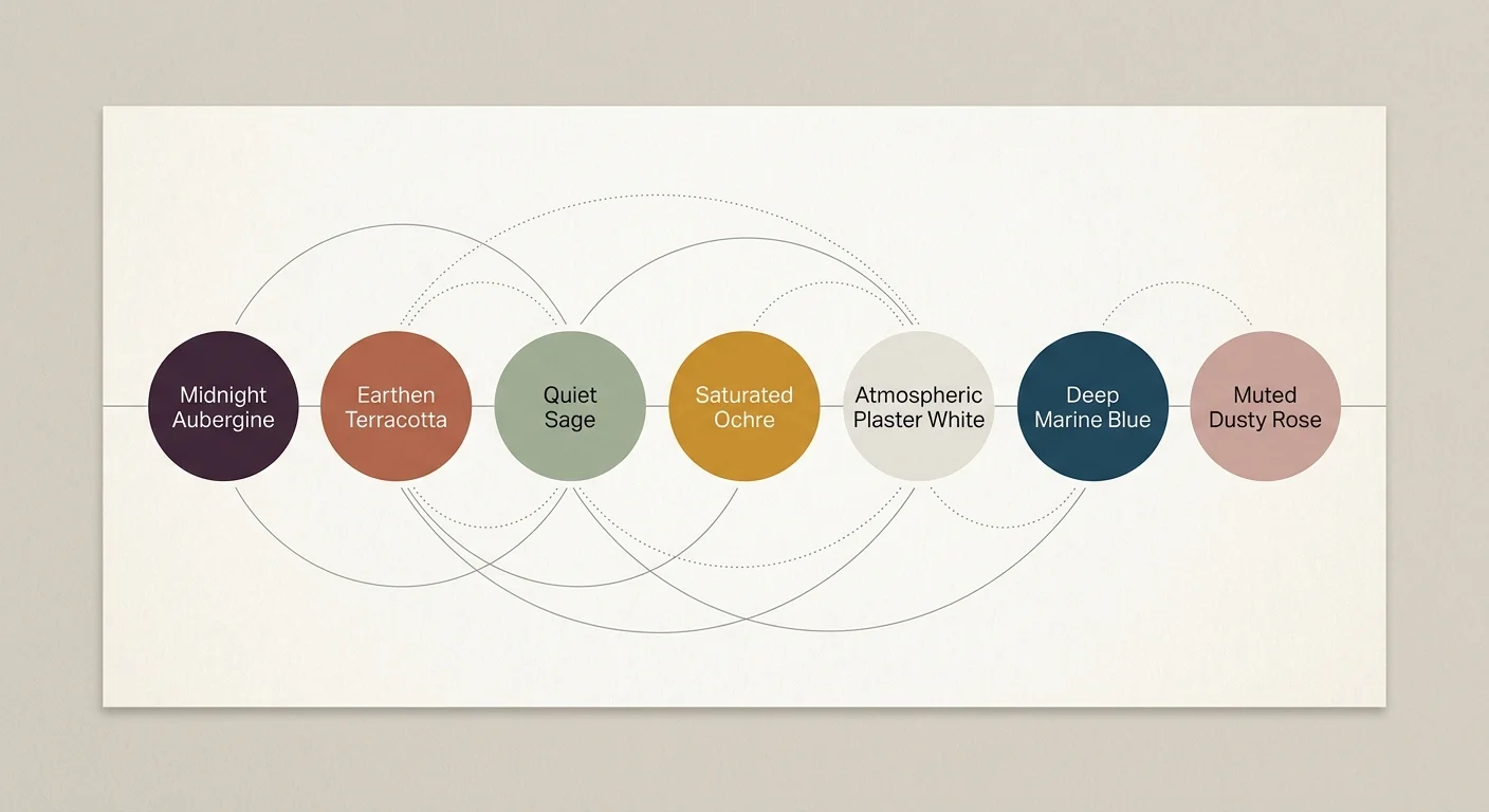 A clean, minimalist infographic showing the seven paint color swatches with connecting lines indicating harmonious combinations.