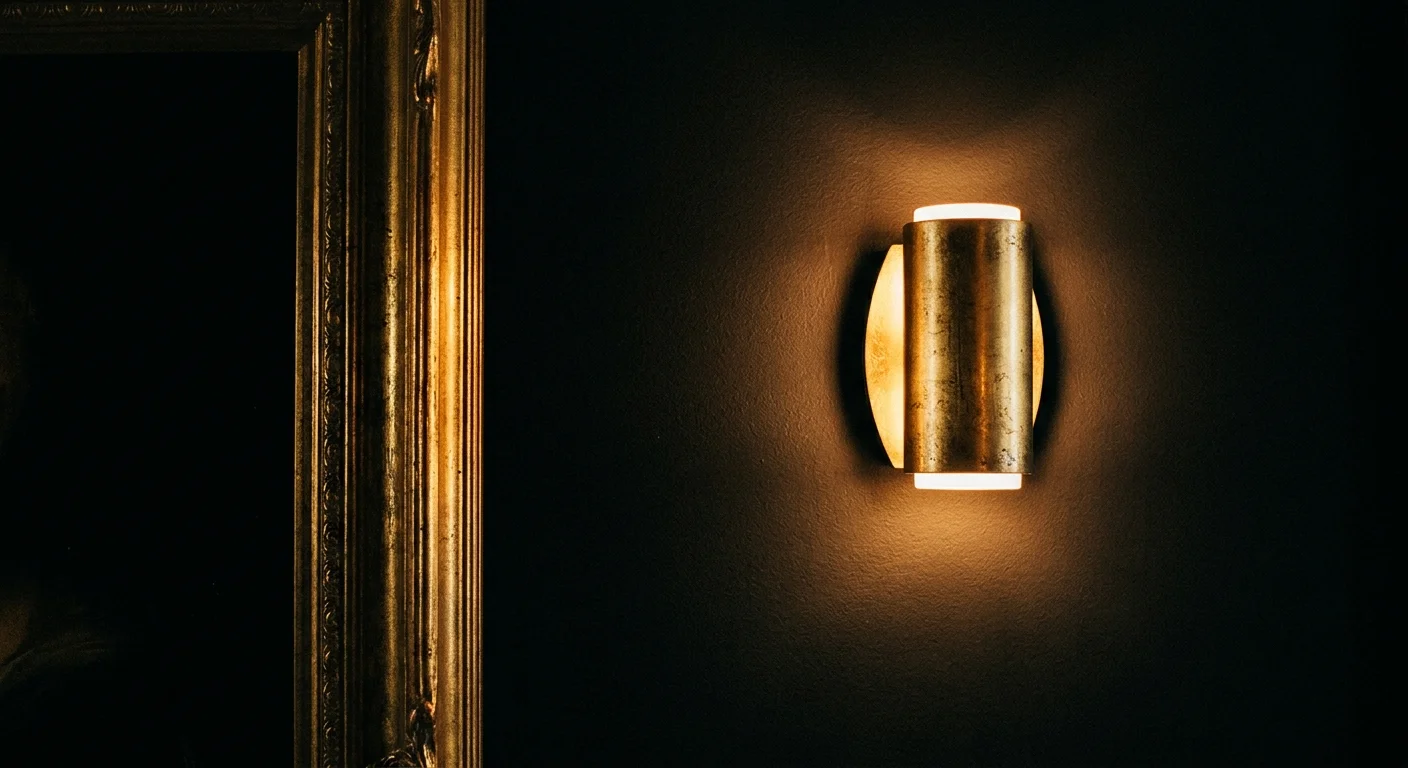 A close-up of a lit burnished gold sconce on an ultra-matte ink black hallway wall, casting a warm glow.