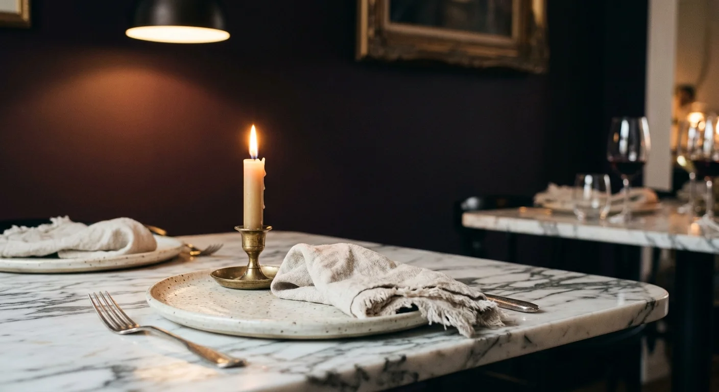 A close-up of a marble dining table with brass candlesticks against a rich matte midnight aubergine wall.