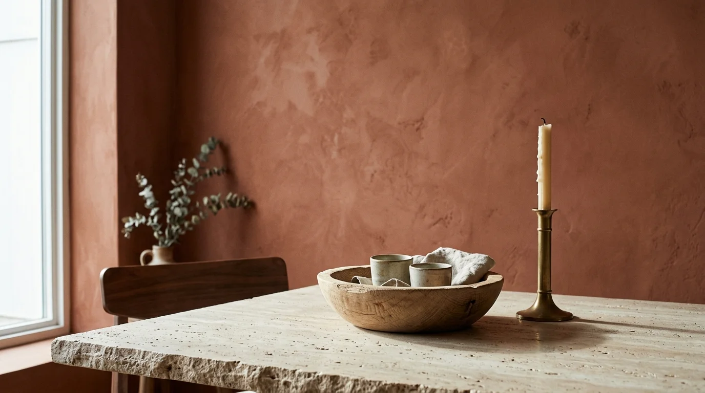 A close-up of a travertine table set against a textured limewash terracotta wall with a white oak bowl and brass candleholder.