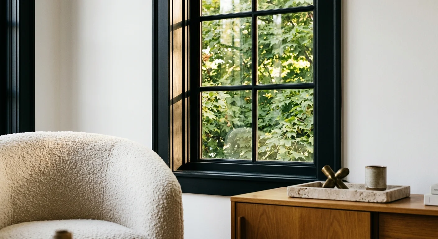 A close-up of a window frame painted in matte black, framing bright green leaves outside and contrasted with white walls and a cream chair.