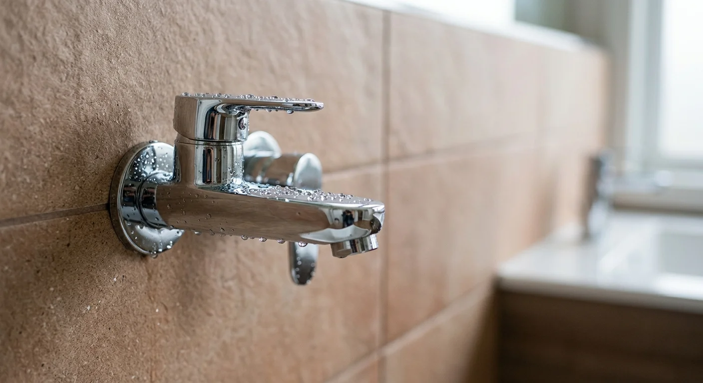 A close-up of unglazed matte clay tiles in a bathroom, contrasted with a highly polished, reflective chrome faucet catching light.