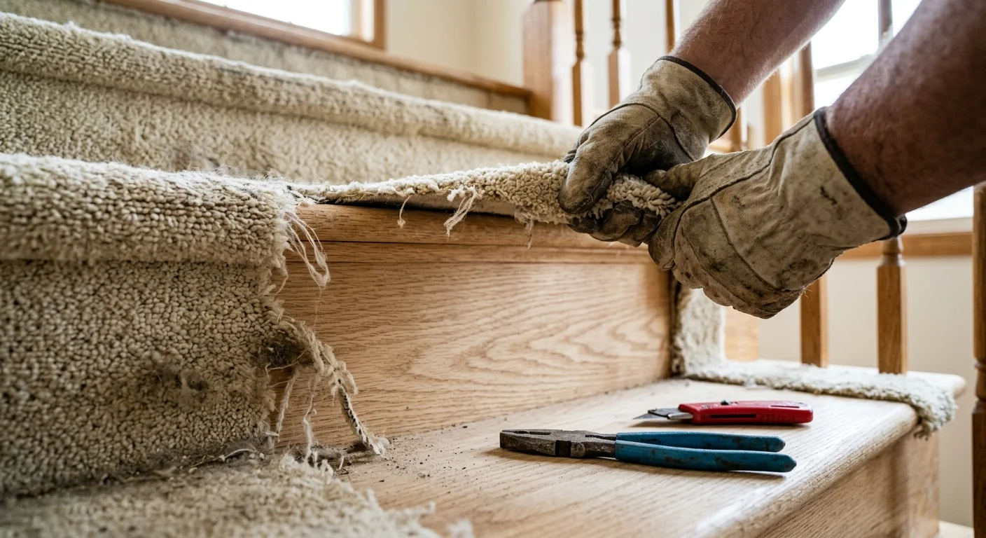 A close-up photo of old carpet being pulled off a staircase tread to reveal beautiful raw white oak wood underneath.