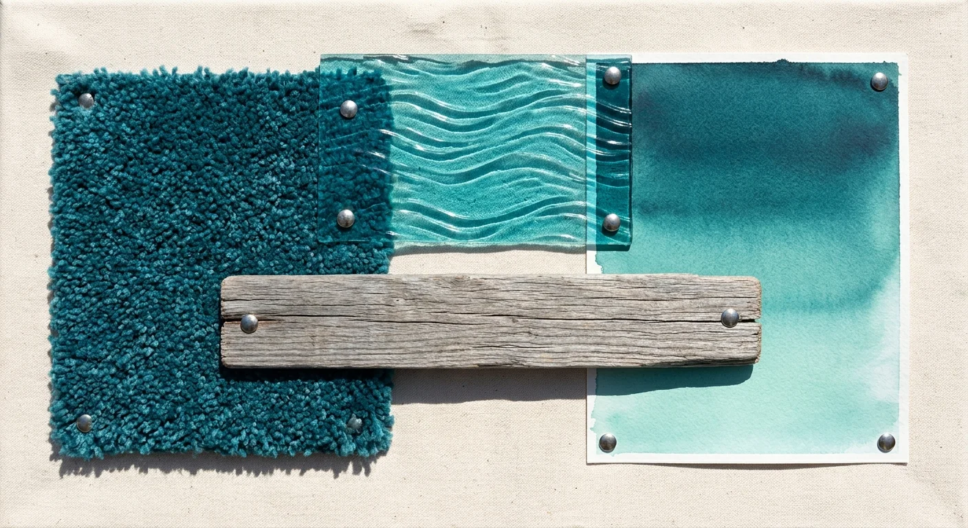 A coastal-inspired collage showing a deep teal carpet sample alongside sea-glass and weathered driftwood.