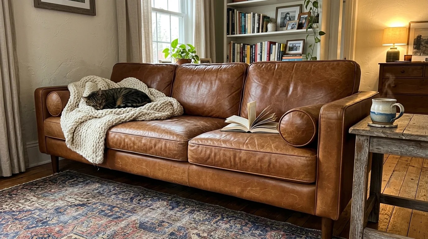 A cognac leather sofa showing a natural patina with a cat sleeping on a blanket, set on a vintage Persian rug.