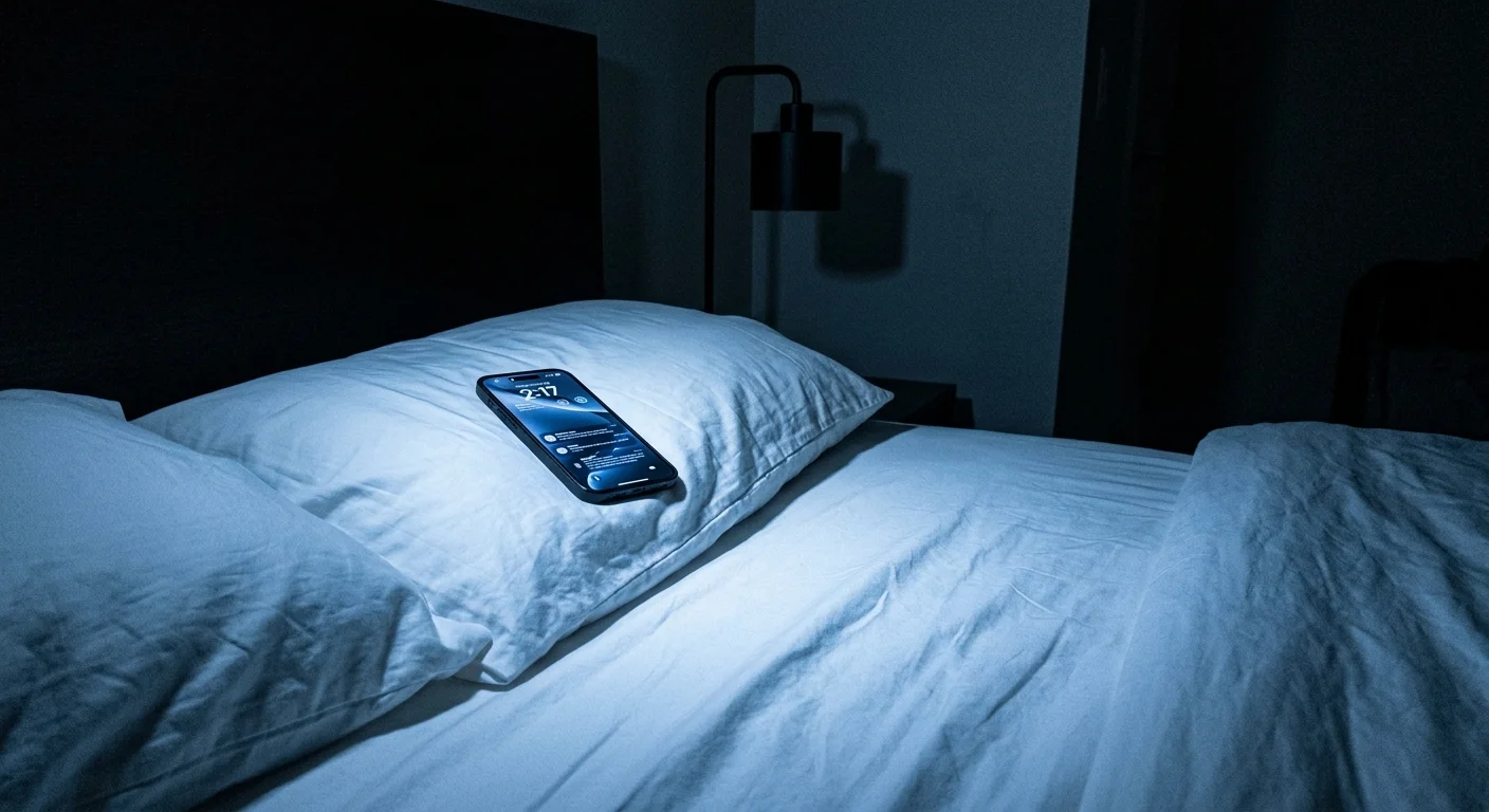 A cold, dark bedroom corner where a smartphone casts a harsh blue glow across clinical, stark white sheets.