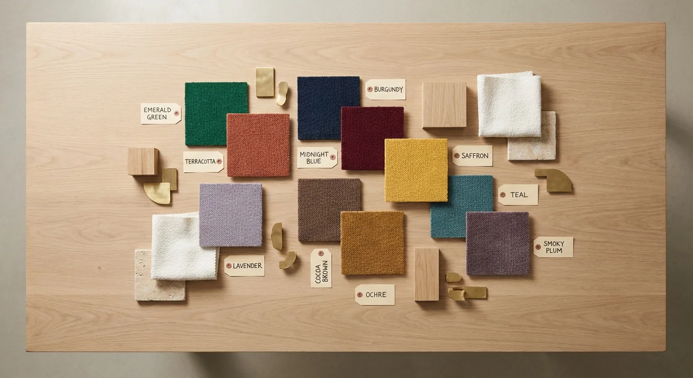 A comprehensive designer's flatlay mood board featuring small carpet swatches of all ten 2026 color trends.