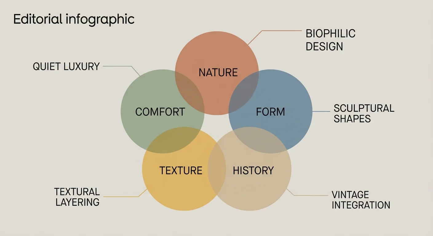 A conceptual diagram mapping the relationships between ten core living room design trends on a cream background.