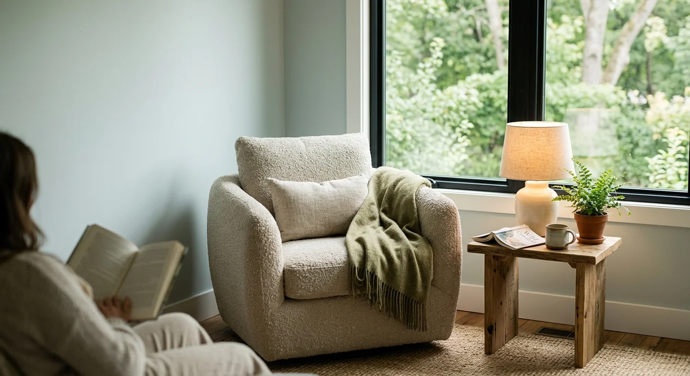 A cozy bedroom corner with walls painted in a soft blue-gray-green, featuring an oatmeal boucle chair and a window showing green trees.