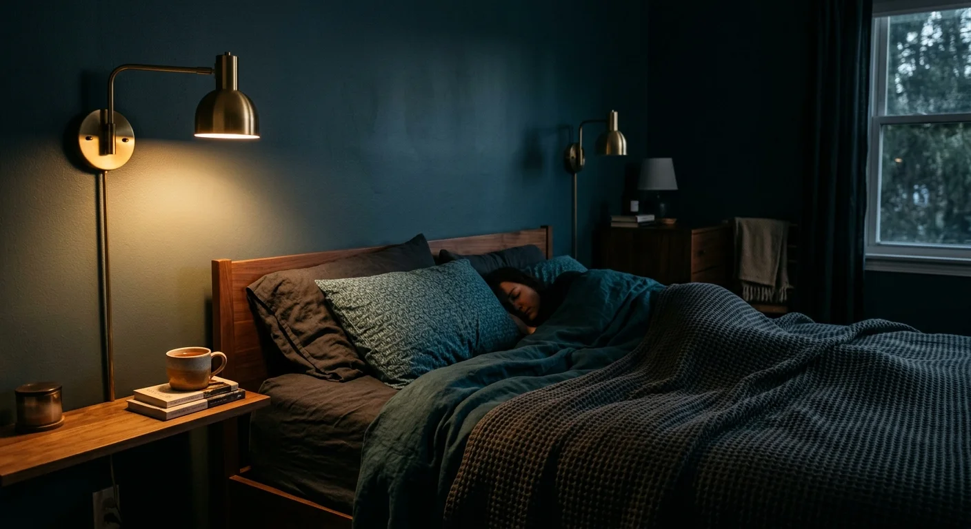 A cozy bedroom nook at dusk with deep teal walls, a glowing brass sconce, and dark charcoal and teal linen bedding.
