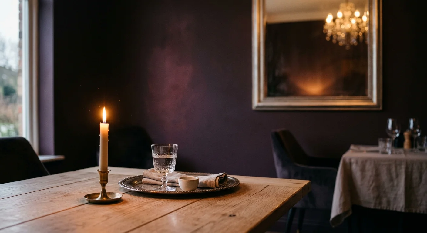 A cozy dining room featuring deep aubergine walls, a pale oak table, and a candle casting a warm glow near an antiqued mirror.
